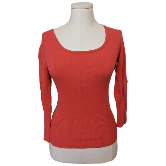 Vintage Y2K Scoop Neck Coral Sweater Minimalist 3/4 Sleeve Fall Ribbed Orange M - Picture 2 of 11